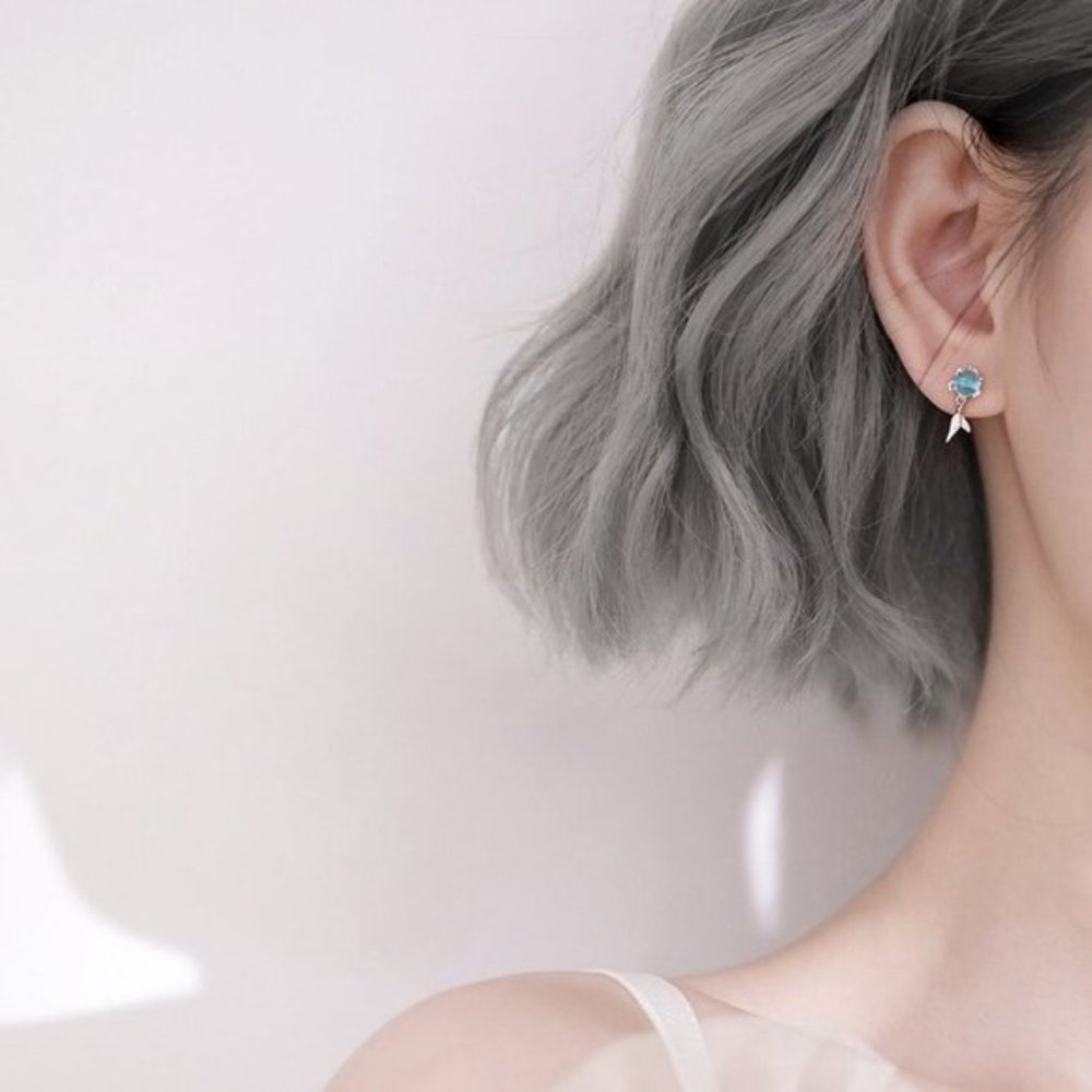 🍁Beautiful Mermaid Tear Round Sea Blue Stud Earrings, MLNN1159 - Picture 3 of 5